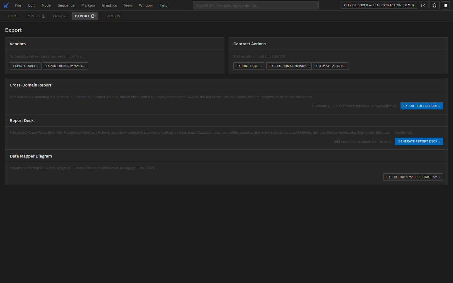 Clerid's Export screen showing Vendors, Contract Actions, a cross-domain workbook, and a generated report deck, all pulled from the same engagement.
