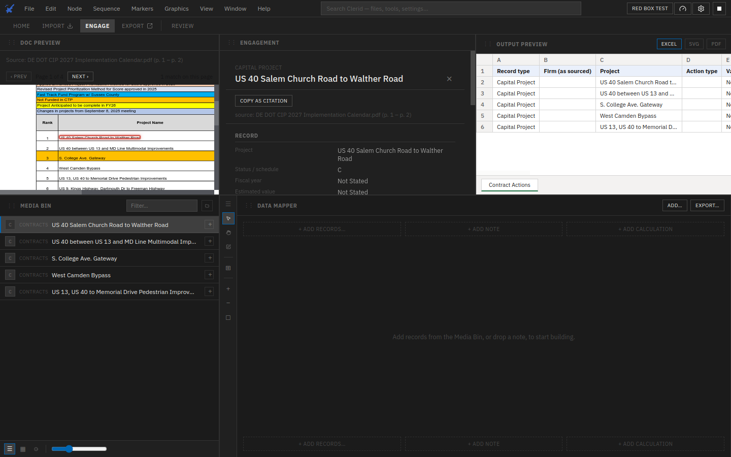 Clerid's Engage view: a capital-project record open next to the source PDF, with the exact line it was pulled from boxed in red, beside the live output table it feeds.