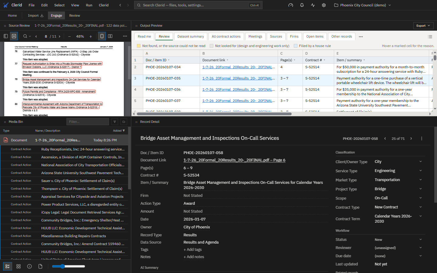 Clerid showing a record beside its source page, on public City of Phoenix council records.