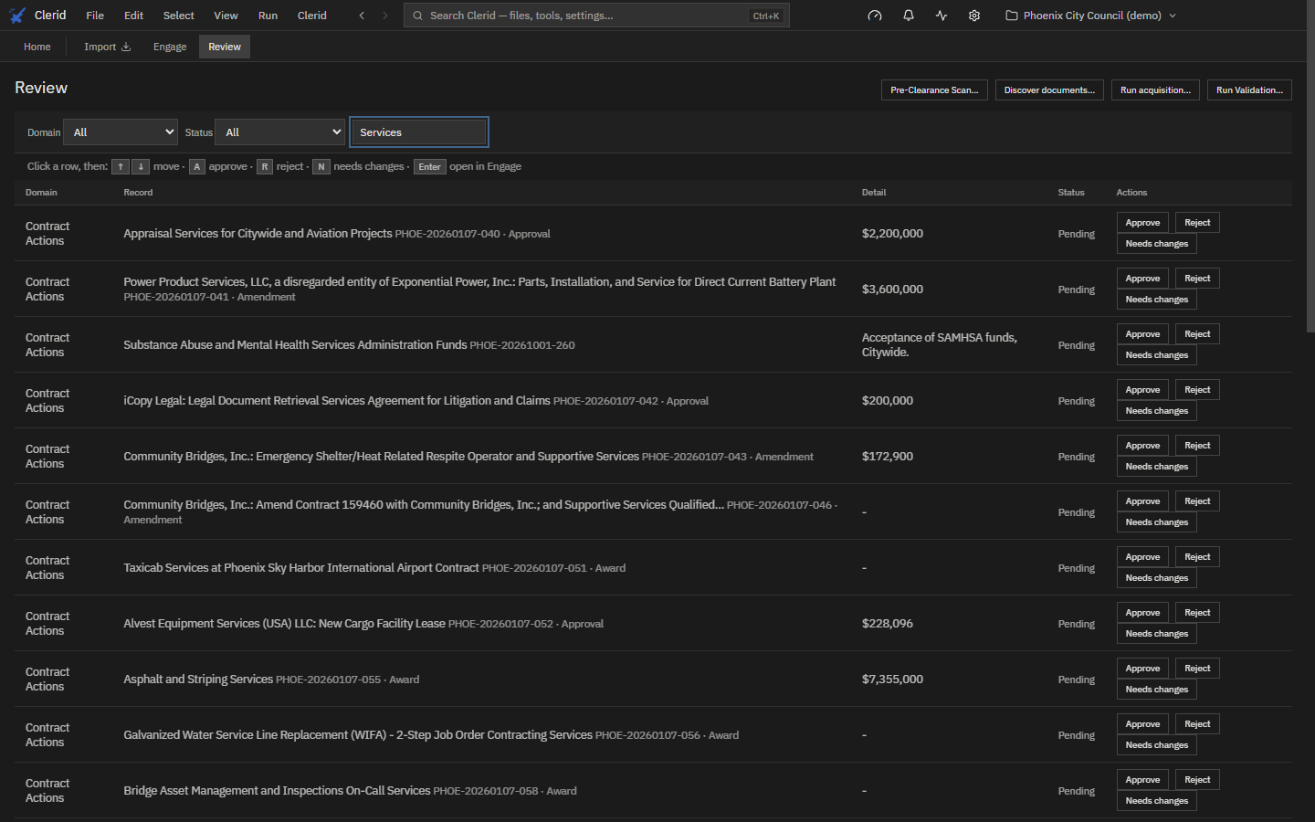 The Review screen: contract actions pending approve, reject or needs changes.