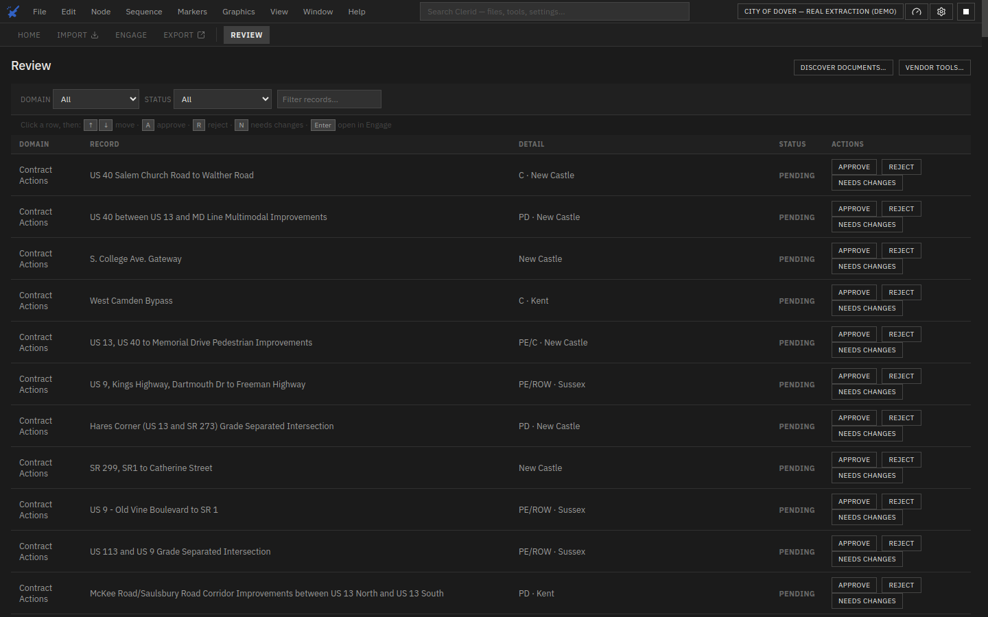 Clerid's Review screen listing extracted contract-action records pending approval, reject, or needs-changes.