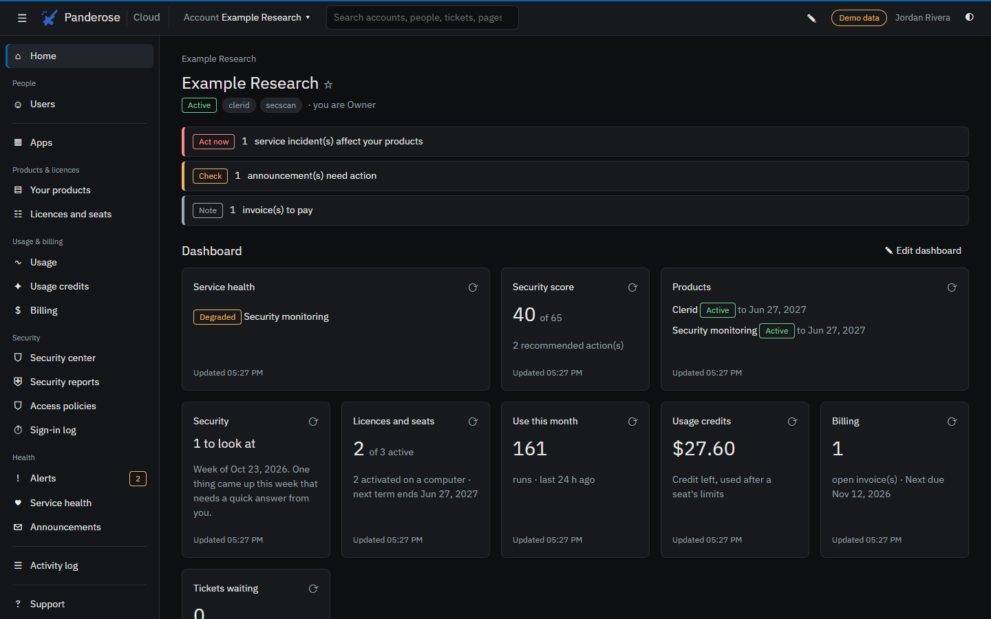 The Panderose Cloud home page for a demo account.