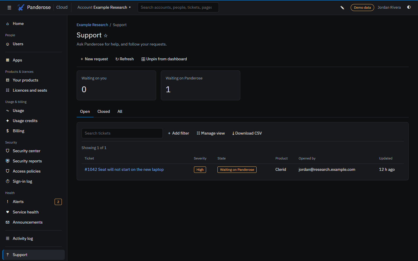 The support page of a demo account in Panderose Cloud.